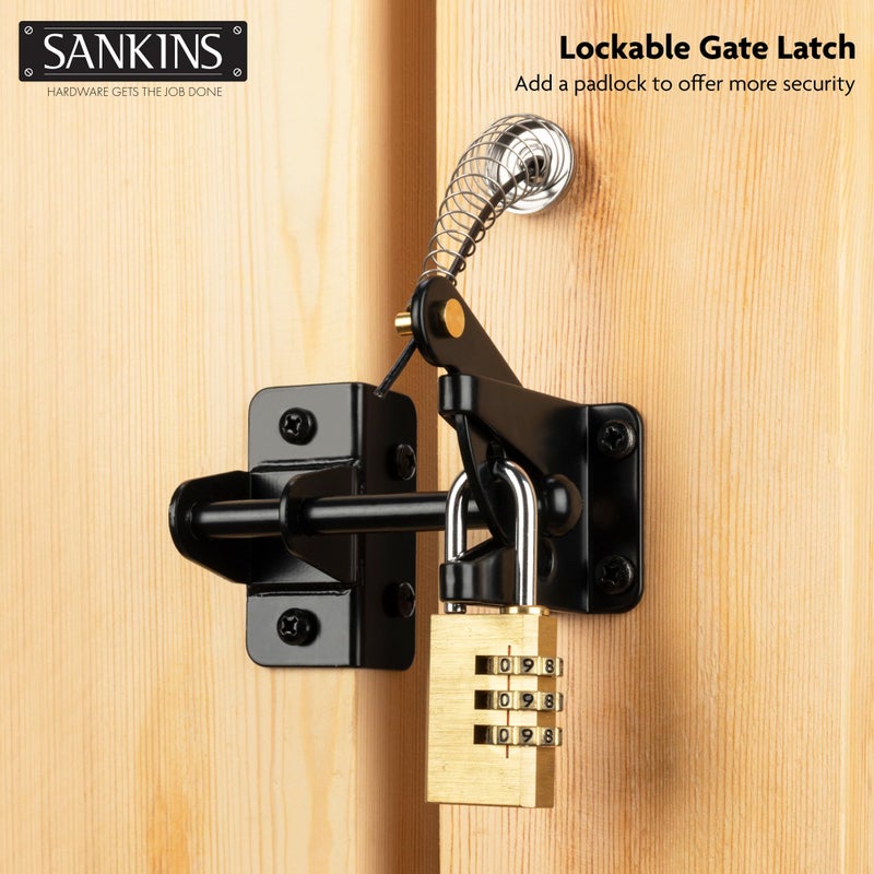 SANKINS Self-Locking Gate Latch with Spring Cable Pull for Wooden Fence Gate Heavy Duty, Post Mount Automatic Gravity Lever Gate Fence Door Latches for Wooden Fence Pool Garden Shed, Black, 2 Pcs - Image 3